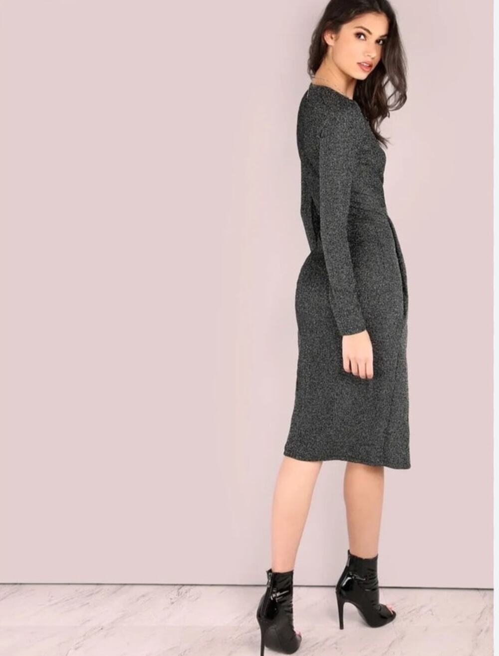NWT White Closet Black silver ribbed knit long sleeve wrap bodycon dress size S